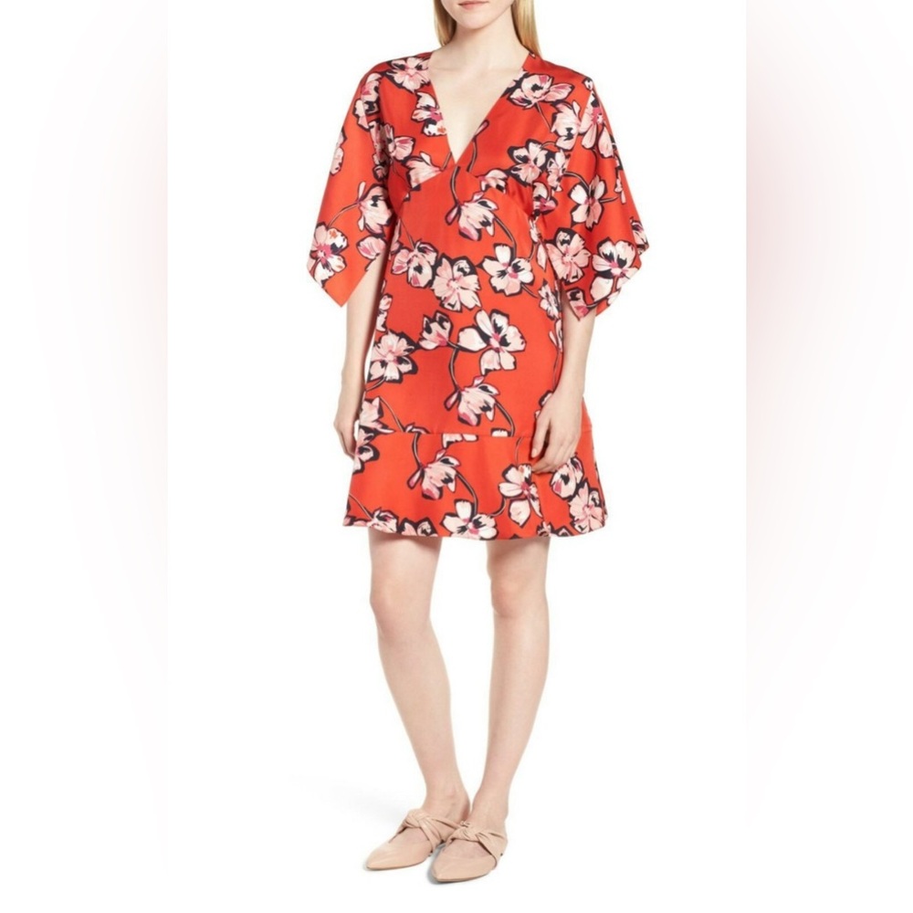 Lewit Kimono Sleeve Mini Dress Floral Red 100% Silk Above Knee Size 6 ($349)